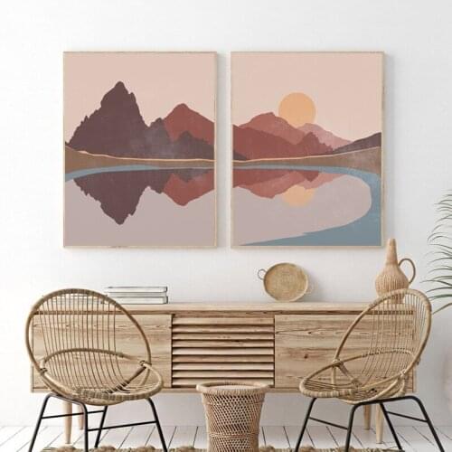 Sun and Mountain Abstract Landscape Painting Prints Mid Century Wall Art Canvas Pictures Nordic Poster for Living Room Decor