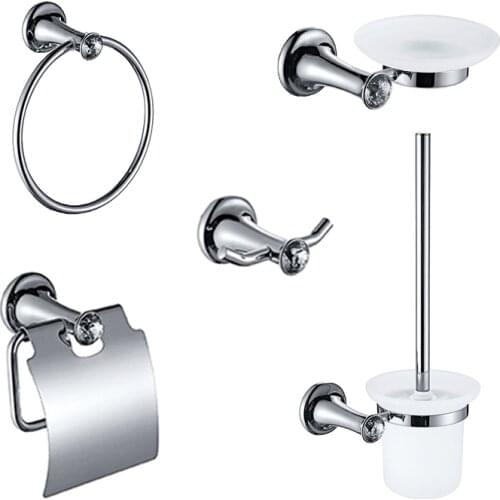 Chrome Luxury Crystal Bathroom Paper Tissue Holder Towel Ring Robe Hook Toilet Brush Holder Soap Dish Bathroom Accessories Set