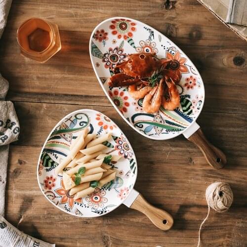 Ceramic Tableware Wooden Handle Dinner Plate Nordic Style Dessert Plate Steak Salad Dish Snack Cake Plates Oval Dishes Tray