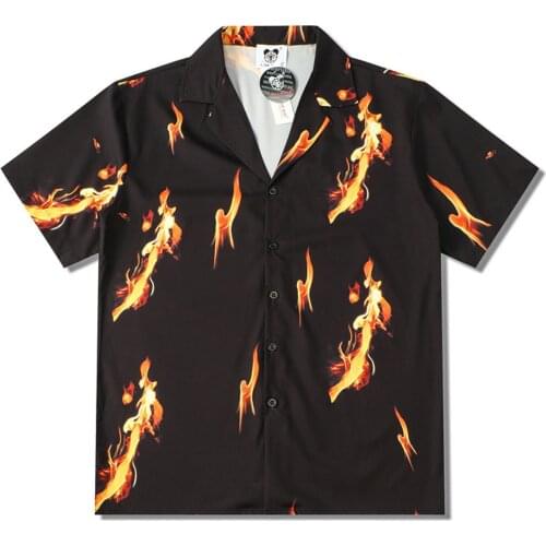 Fashion Hip Hop Hawaiian Flame Printed Shirt Button Short Sleeve Lapel Casual Men Holiday Beach Tops Blouse Camisa Homme#g3