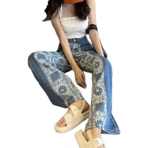 Fashion printed stitching loose jeans womens fall 2021 hot sale new straight wide leg pants womens clothing