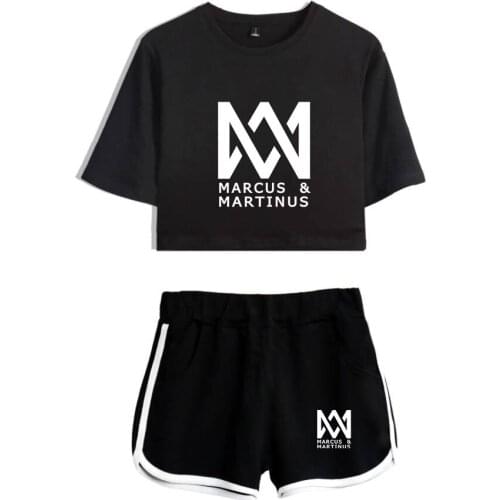 Fashion Marcus And Martinus Short Sleeve Printed Crop Top + Shorts Sweat Suits Women Tracksuits Two Piece Outfit Plus Size XXL