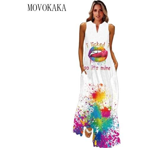 MOVOKAKA Elegant Sexy Mouth Print White Dress 2021 Casual Plus Size Long Dresses Woman Summer Beach Sleeveless Maxi Dress Women