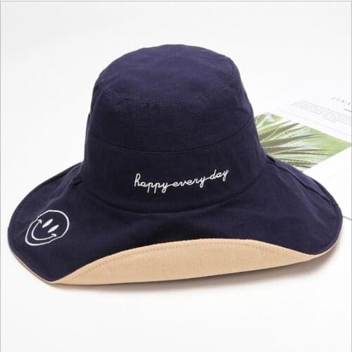 Summer new fisherman cap womens double-sided smiley face sun hats foldable large-brimmed basin hat