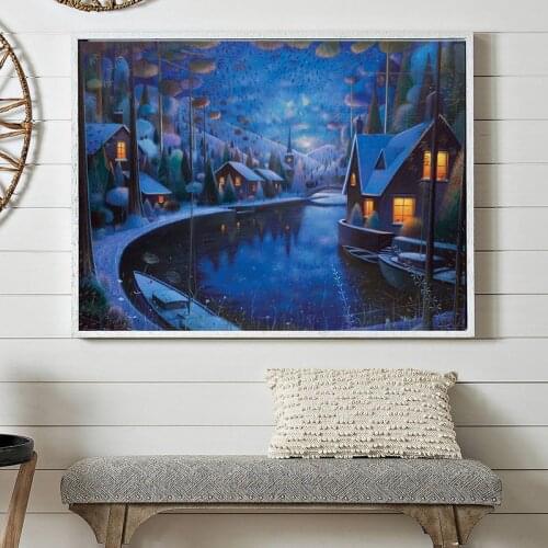 Night Winters Lake Boat Landscape Abstract Oil Painting on Canvas Cuadros Art Posters and Prints Wall Picture For Living Room