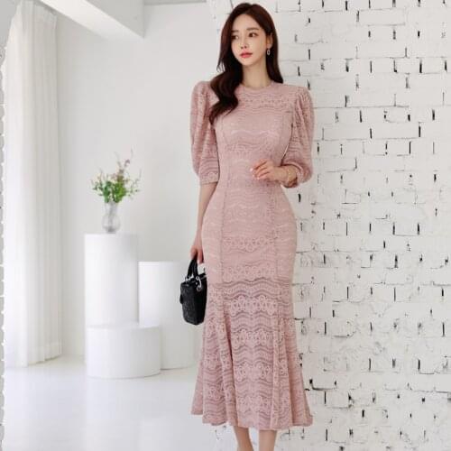 JSXDHK New Korean Runway Summer Lace Mermaid Dress Elegant Women Hollow Out Pink Puff Sleeve Bodycon Slim Long Party Dresses