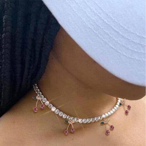 Flatfoosie Charm Rhinestone Cherry Pendant Necklace for Women Statement Tennis Chain Choker Crystal Collar Girls Hip Hop Jewelry
