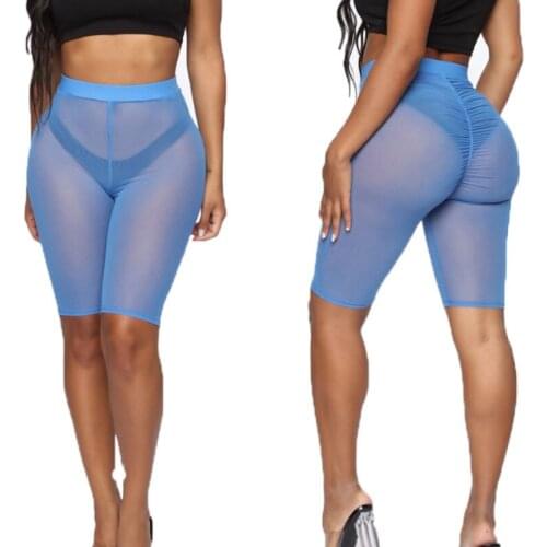 2020 Women Mesh Shorts Female High Waist Solid Color See-Through Slim Fit 3 Colors Beachwear Sexy Ladies Transparent Swimwear