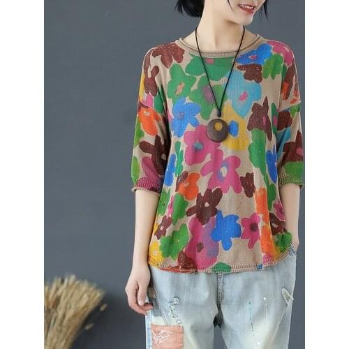 Colorful Flower Printing Womens T Shirt Loose Half Sleeve Knitted Top Femme Thin Round Neck Mori Girls Leisure Tshirt Linen Pull