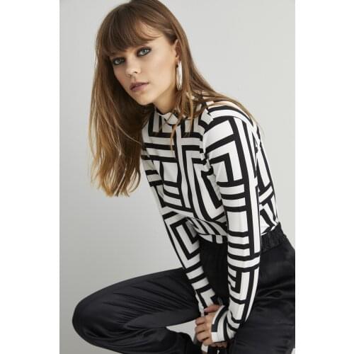 Womens Black-White Color, Half Turtleneck Print Blouse, Special Pattern Design, Comfortable, Flexible, modern, for Daily and Special Moments