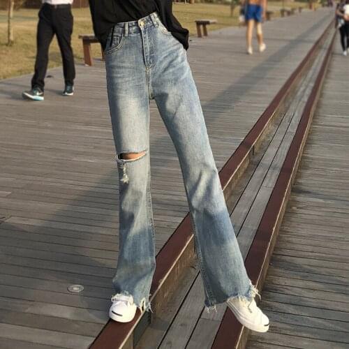 Korean Style Ripped Flare Jeans For Women Wide Leg Vintage Wash Loose Fit Bell Bottom Jeans Woman