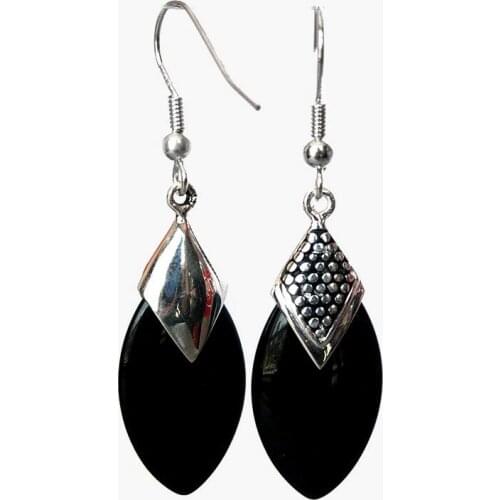 Ladys black Natural jade 925 silver Flat Drop Earrings