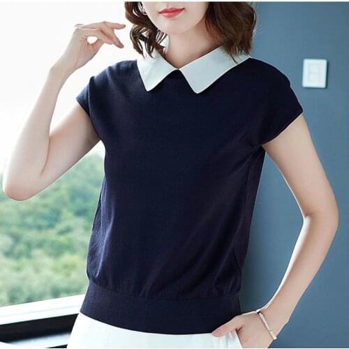 Women Spring Summer Style Knitted Blouses Shirts Lady Casual Short Sleeve Peter Pan Collar Navy Blusas Tops ZZ0502
