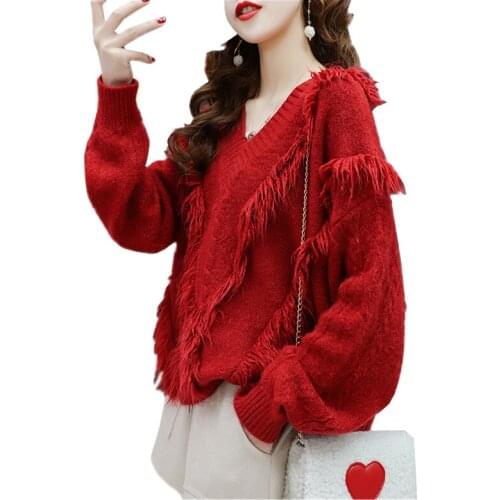 2020 Autumn Pullover Women Long Sleeve Red Sweater Fashion Loose Tassel Sexy V Neck Strapless Sweater Casual Winter Tops Tide