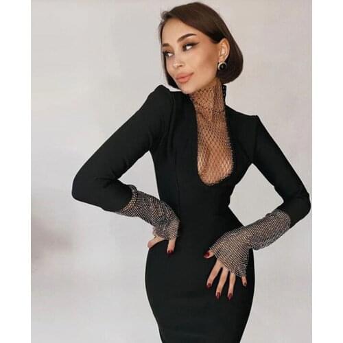 High quality womens black fishnet long sleeve shiny hollow sexy mid-length elegant Kylie Jenner celebrity party dress Vestidos