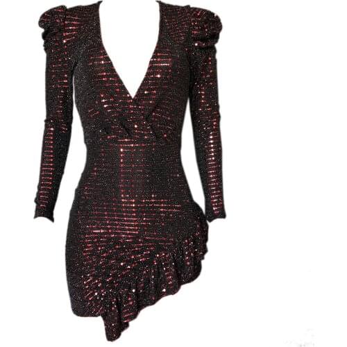 Womens Sexy Deep V-neck Ruffled Sequined Long sleeve Slim Stretch Dresses Shiny Plaid Party Dresses Autumn Mini Dresses Ladies