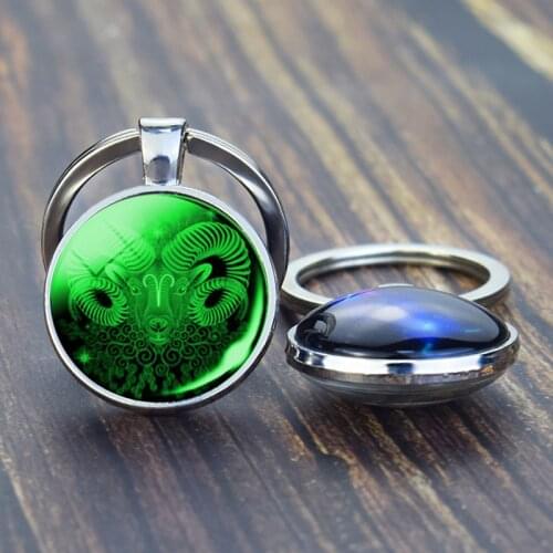 12 Constellation Keychain 12 Zodiac Signs Luminous Double Face Glass Cabochon Key Ring Cancer Leo Pendant Women Birthday Gifts