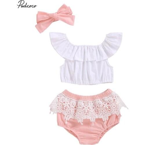 2020 0-18M Princess 3pcs Newborn Baby Girl Clothes White Ruffle Top Shirt Lace Pants Shorts Skirts Headband Outfits Summer Set
