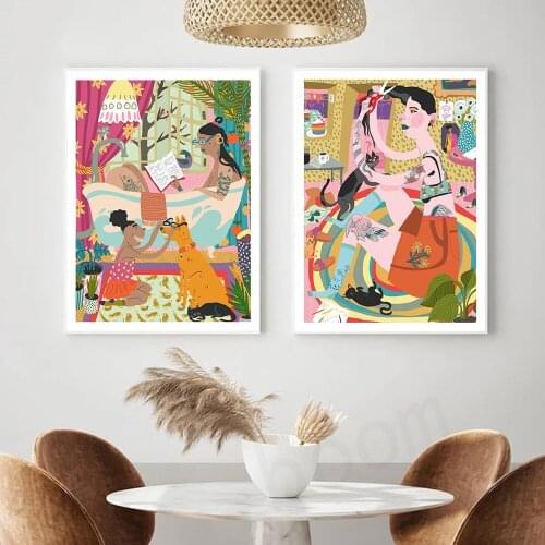 Retro Abstract Posters Mom In A Bath Art Print Painting Cutting Hairs Wall Art Canvas Cats Dog Pictures Bedroom Interior Decor