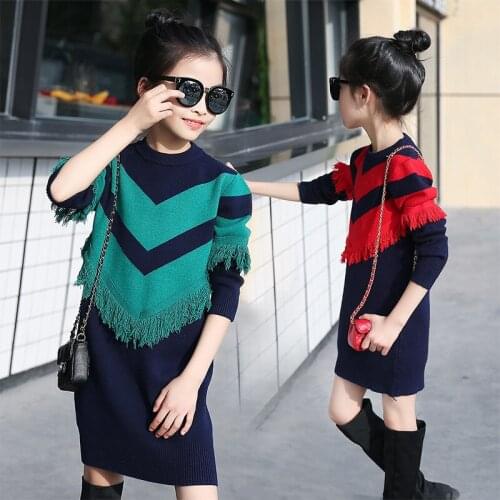 Kids girls 4...12 1516 years dress fashion long sleeve knitted sweater teens girl Winter Thicker warm tassel stripe paty clothes