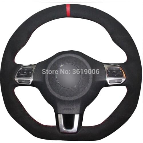 For Volkswagen Golf 6 MK6 Polo Scirocco R Hand-stitched Anti-Slip Black Suede Red Marker DIY Steering Wheel Cover