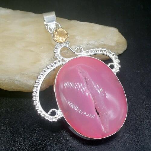 Gemstonefactory Jewelry Big Promotion 925 Silver Natural Pink Agate Druzy Topaz Women Ladies Gifts Necklace Pendant 1098