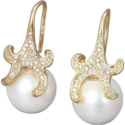 GG Jewelry 14mm white sea shell Pearl starfish Cz pave Hook Earrings
