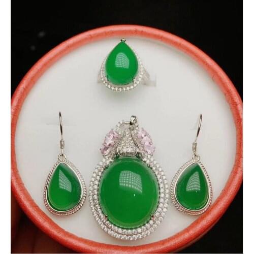Fine jewelryFine 925 Mosaic Natural green Chalcedony Pendant Ring Earrings Jewelry Suit free shipping with box