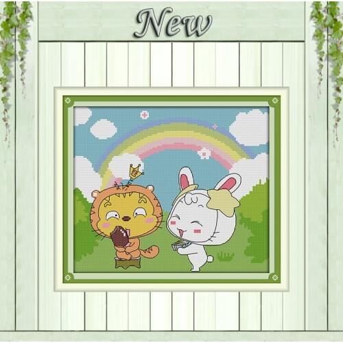 The little tiger and the little rabbit painting counted print on canvas DMC 14CT 11CT Cross Stitch Needlework Set Embroidery kit