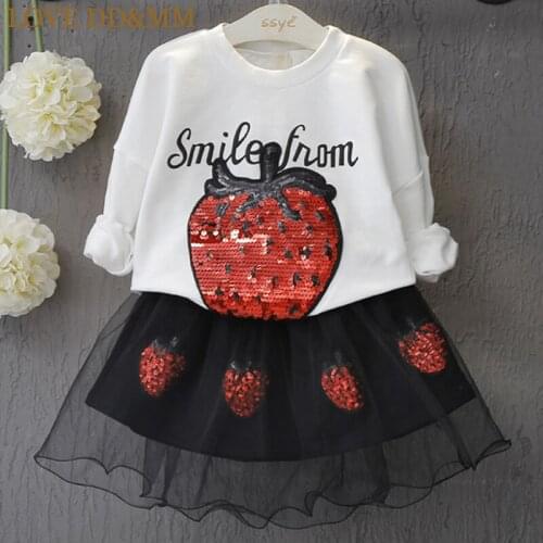 LOVE DD&MM Girls Sets 2021 New Kids Clothing Girls Cute Strawberry Sequins Letter Long-Sleeved Sweater+Mesh Skirt Suit