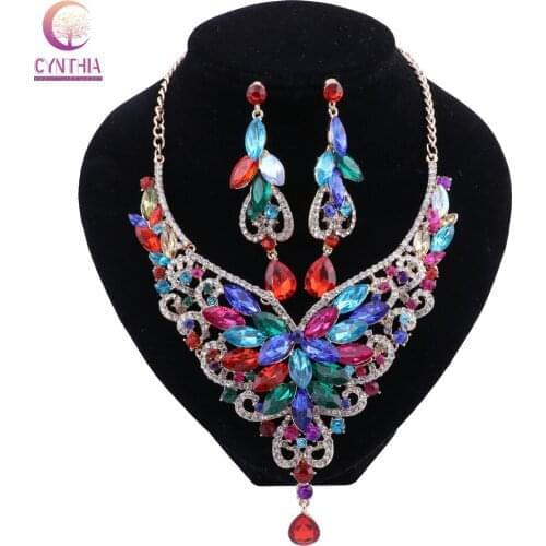 2019 African Jewelry Sets Wedding Necklace Womens Jewellery Set Gold Color Necklace And Earrings 9Colors