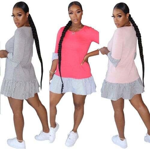 Zoctuo Three Quarter Sleeve Mini Dress Autumn Striped Print Sexy Bodycon Dress Women Splicing Ruffles A-Line Streewear Dresses