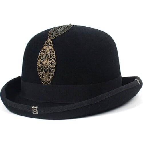 4Size 100% Wool Womens Mens Black Bowler Hat Gentleman CrushableTraditional Billycock Groom Hats