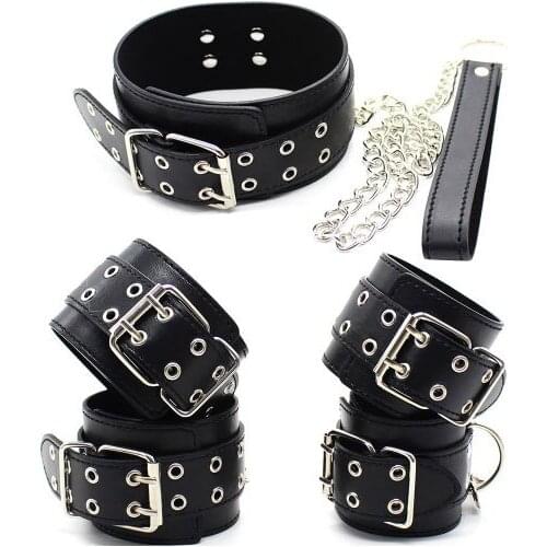 Fetish Binding Set PU Leather Handcuffs Ankle Cuff Collar And Belt, Adult Game Role Playing Couple Sex Toys