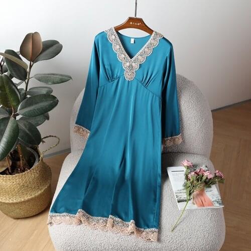 2021 New Sleepwear Faux Silk Nightdress Women Sleep Dress Casual Nightgown Lace Trim Nightwear Silky Satin Home Dressing Gown