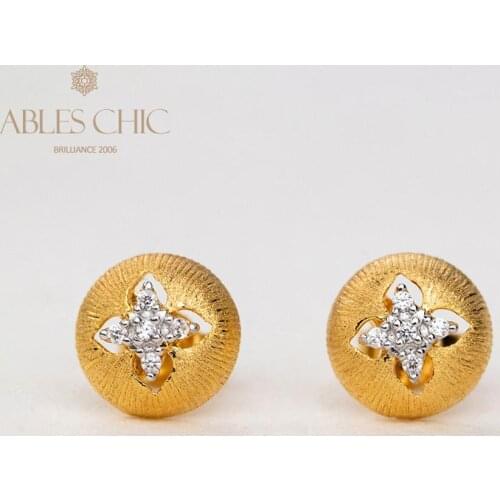 St Patrick Clover Gold Zircon Leaf Retro Studs Solid Silver Brushed Silk Engraved Flower Round Earrings Vintage Fine Jewelry