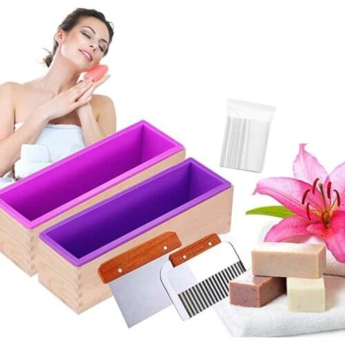 Silicone Soap Molds Kit Flexible Rectangular Loaf Comes with Wood Box DIY Tool for CP and MP Making Supplies