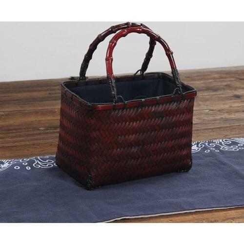Japanese Style Vintage Bamboo Woven Bag Womens Special Hand Woven Mini Handbag Basket Travel Tote Tea Set Storage Box