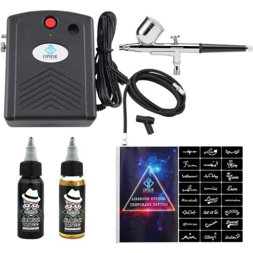 OPHIR Temporary Body Art Tattoo Airbrush Kit with Mini Compressor for Body Painting 20 Stencils Black Ink Finalized Ink_OP-BP004