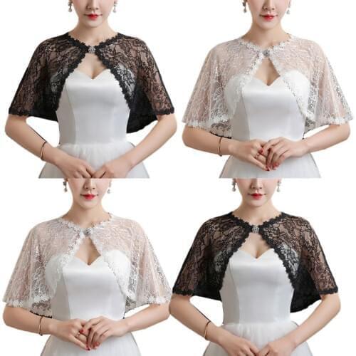 Womens Bridal Wedding Floral Lace Wrap Shawl Perspective Embroidery Prom Bolero Shrug Rhinestone Buckle Open Front Stole Cape