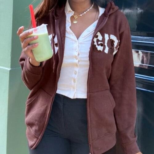 WomenS Zipper Hoodie Long-Sleeved Letter Pattern Hooded Sweatshirt With Pockets 2021 Loose And Versatile Casual College Style