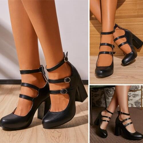 Womens Chunky Shoes For Women Retro Casual Shoes Black High Heel Buckle Boots Mary Janes Shoes Single shoes sapatos femininos