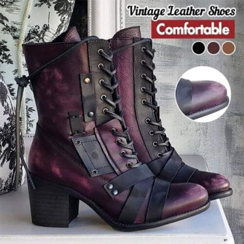 Womens Retro Comfy Chunky-heel Lace-up Boots XIN-Shipping