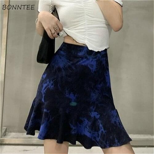 Skirts Women Simple Empire High Waist Print Ins Mujer Charm Mini Tie-dyed Navy Summer Leisure New Korean Style Popular All-match