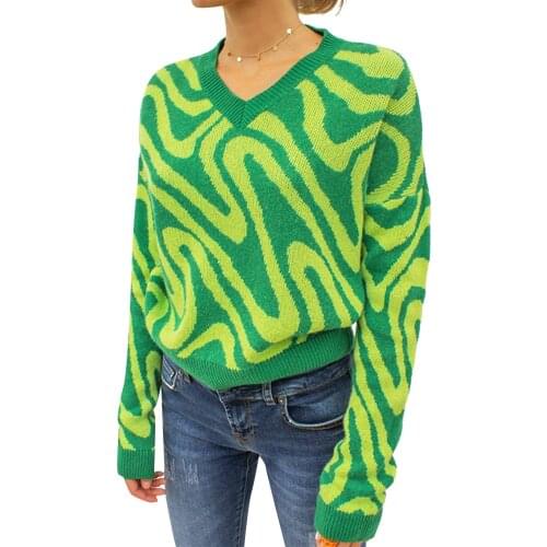 Women Casual Sweater Adults Color Block Long Sleeve V-neck Knitwear Green Brown Blue