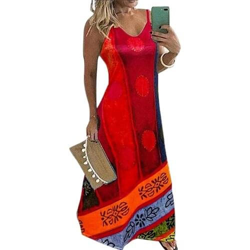 Women Boho Print Beach Summer Midi Dress Sleeveless Vintage Floral Casual Female Elegant Long Dress Party Female Vestidos D30