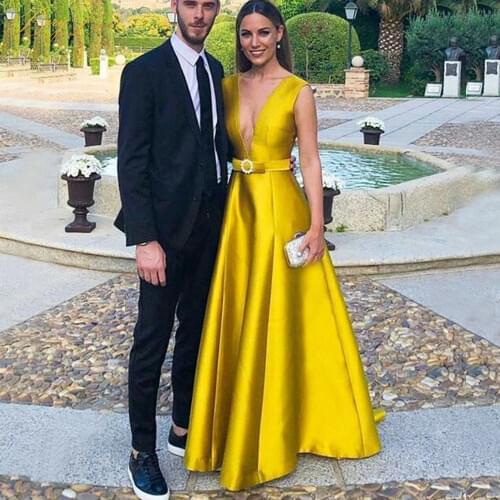 Golden Evening Dress 2020 Sexy V Elegant Satin Evening Gown Long Bow Belt Formal Abiye Prom Party Dress vestido longo festa