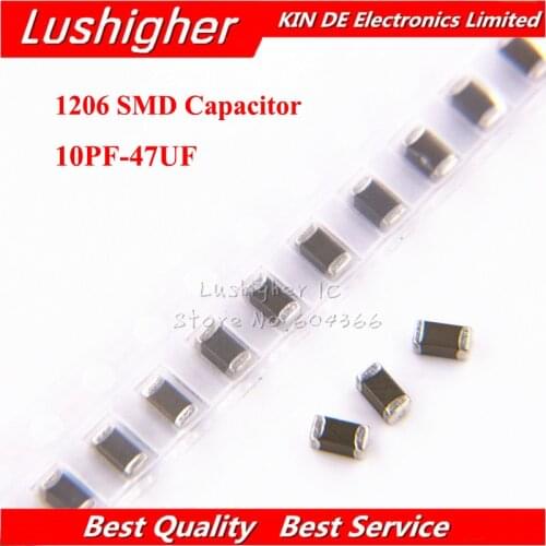100pcs 1206 SMD 1PF-100UF 100V X7R Error 10% 10pF 100pF 470pF 100nF 220nF 1UF 10uf 47UF 2.2UF 22UF Multilayer Ceramic Capacitor