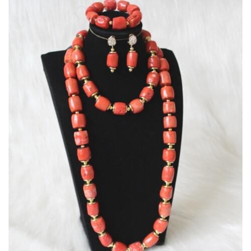 4UJewelry Long Design Jewelry Set 2 Layers Indian African Bridal Necklace Set For Women 15mm-22mm Bride Jewellery Set 100% Coral Beads