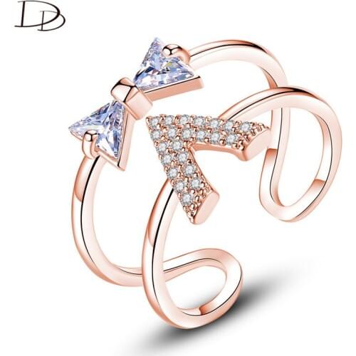 DODO Kpop V-Shaped Bow-Tie Opening Rings For Women Rose Gold Color Adjustable AAA Zircon Bague Bijoux Femme Party Jewelry R373
